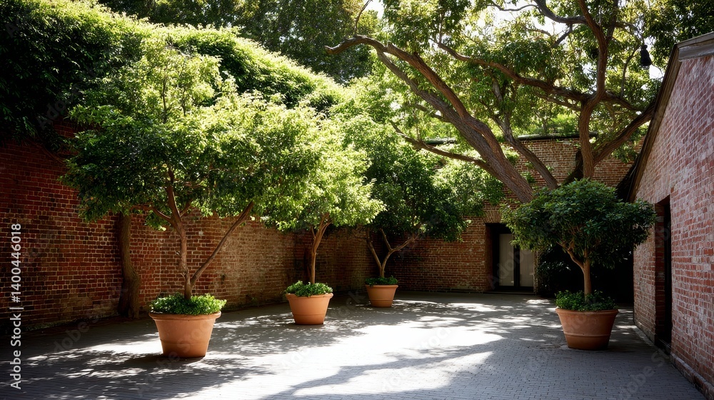 Poster sunlight filters through tree branches, illuminating a cozy corner featuring a red brick wall covere