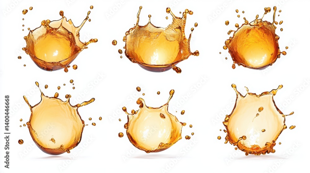 Poster dynamic collection of amber liquid splashes isolated on white background showcasing fluid motion and