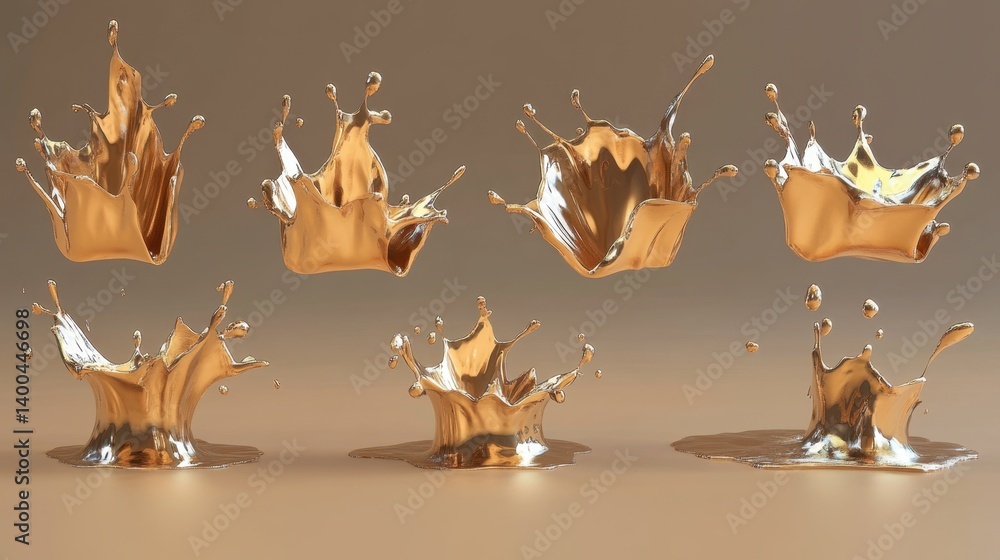 Poster golden liquid splash art with dynamic forms and smooth reflections on a soft brown background for cr