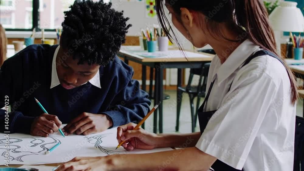 Poster high-angle video of two students drawing in a colorful art classroom, focusing on creativity and con
