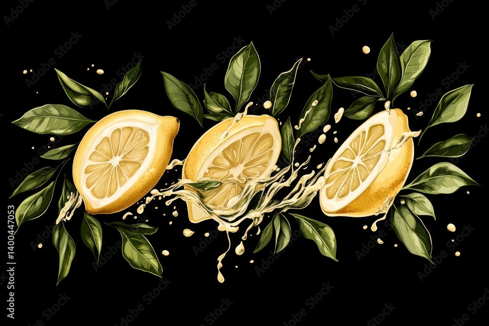 Aufkleber vibrant lemon slices with juice splash and fresh green leaves on a dark backdrop creating a refreshi