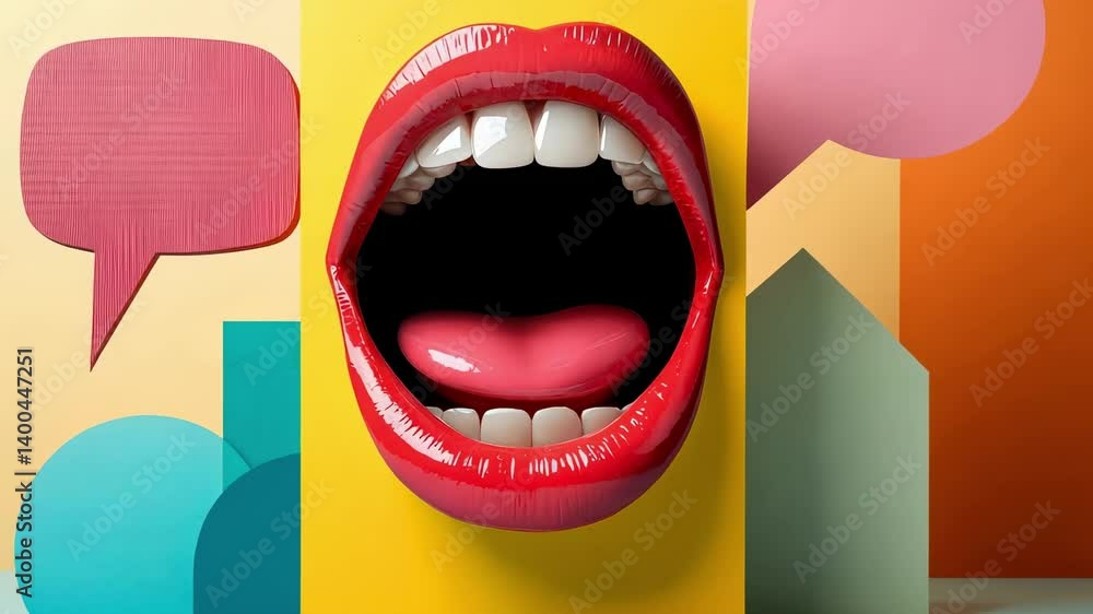 Poster glossy red lips showing tongue and teeth are mounted on a yellow panel against a colorful abstract b