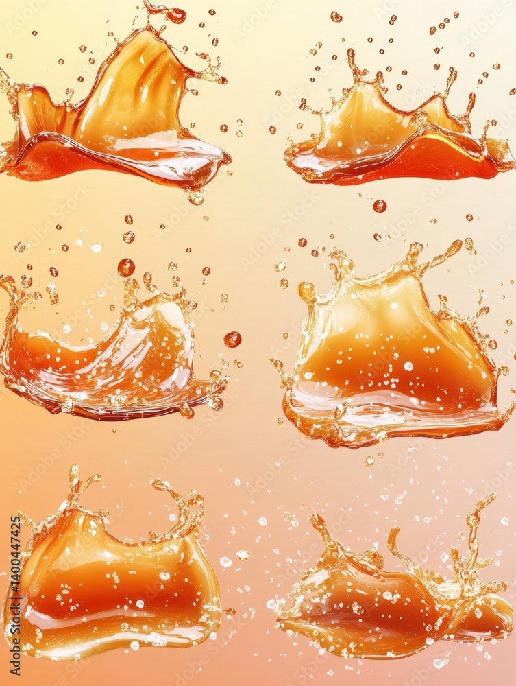 Poster dynamic orange liquid splash collection on gradient background conveying refreshment and vitality fo