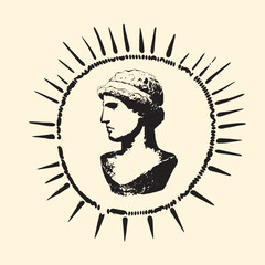 Antike Büste mit Sonnenstrahlen im Vintage-Stil. Handgezeichnete Vektorillustration.