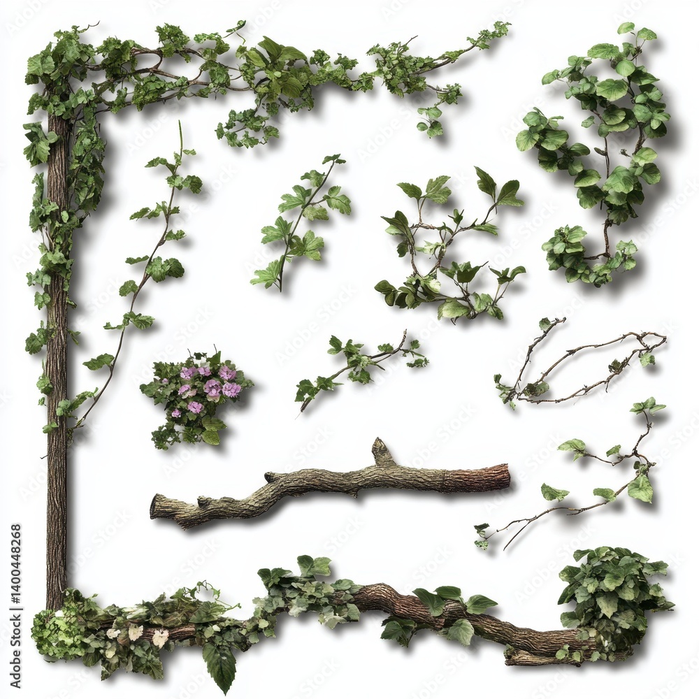 Poster verdant vines and twigs arranged in a square frame on white background for botanical design projects