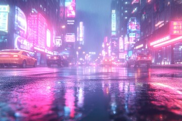 Fototapeta premium Neon lights illuminate a rainy street as a sleek car stands out in a vibrant cityscape at night, creating a captivating urban atmosphere filled with reflections