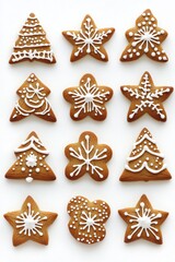 Fototapeta premium Festive Christmas Gingerbread Cookies Arrayed on White Background Overhead View Holiday Baking Concept