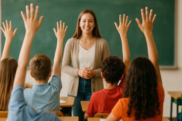 Engaged Students Discuss in Class With a Smiling Teacher in a Vibrant Learning Space