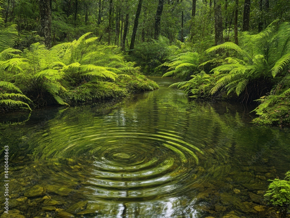 Poster serene forest stream ripples reflecting lush ferns and trees creating a tranquil and immersive natur