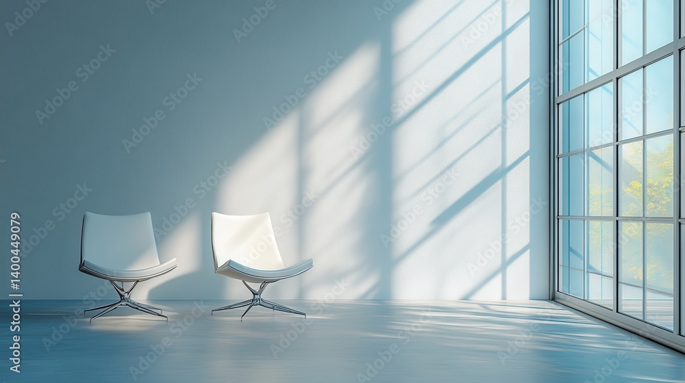 Poster modern interior design features two elegant chairs and a potted plant beside large windows with a vi