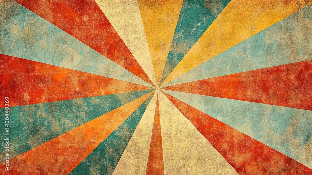 Poster retro burst pattern with distressed texture displaying vibrant color palette