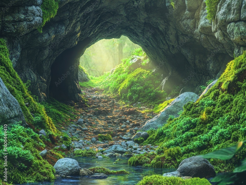Poster enchanted mossy cave entrance with sunlight filtering through lush greenery and a tranquil stream cr
