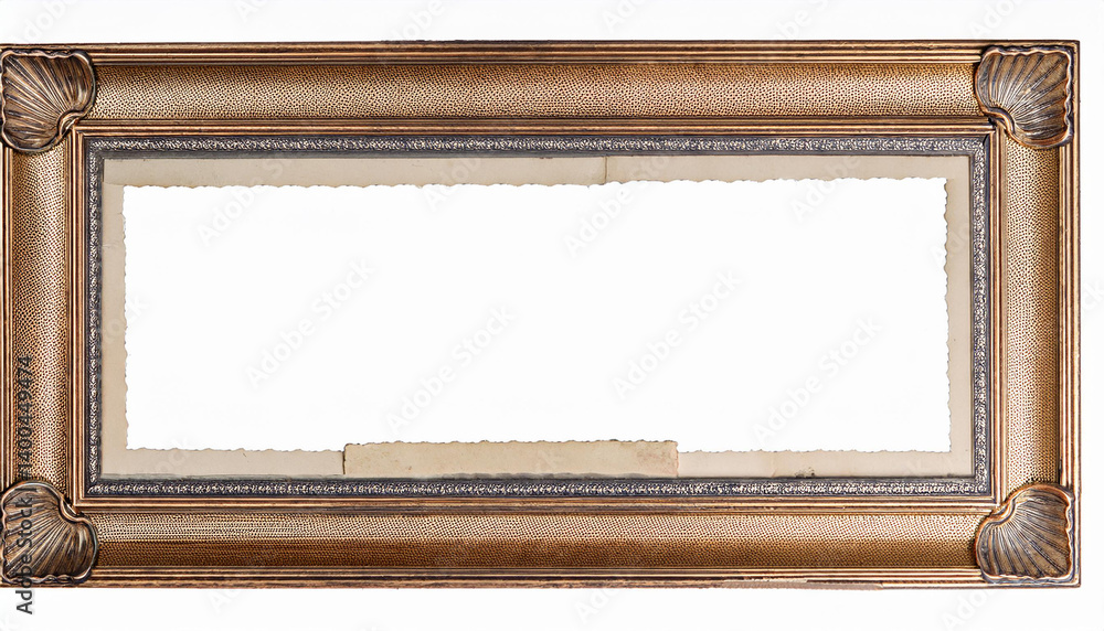 Poster gold frame with shell decor. rectangular shape. empty space. artistic look. antique style. decor ite