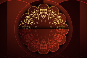 Red and orange symmetrical mandala with concentric circles and radiant floral patterns on dark background with central light reflection

