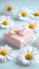 Obraz premium Illustrated soft gift wrapping in blush tones surrounded by white daisies on pale surface, highend minimal composition with ample blank space for text