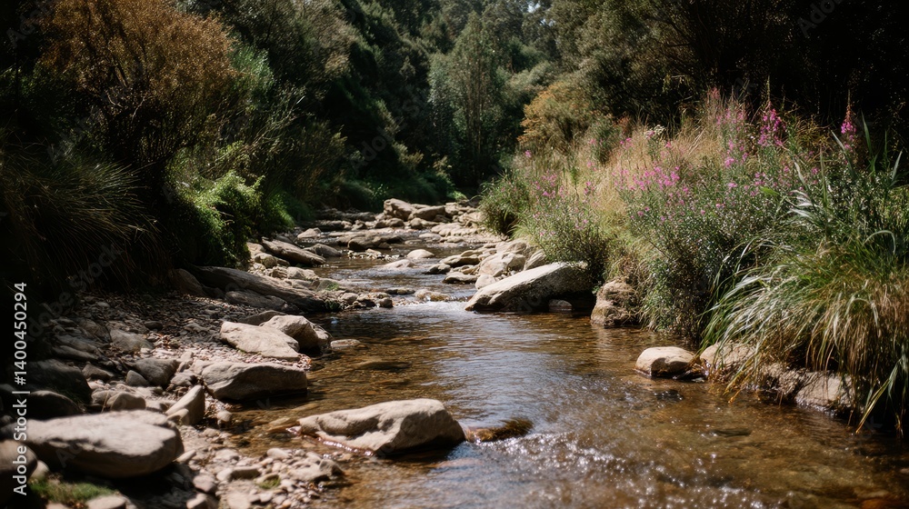 Poster a crystal-clear stream tumbles over smooth stones, framed by vibrant wildflowers and illuminated by 