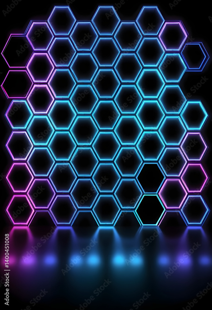 Aufkleber colorful hexagonal grid illuminating a dark background with neon blue and purple light during an art