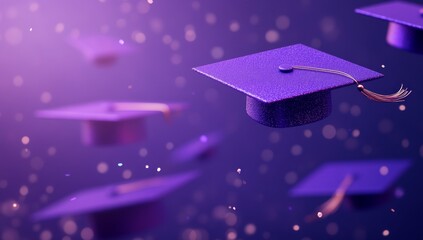 Purple graduation caps floating in the air