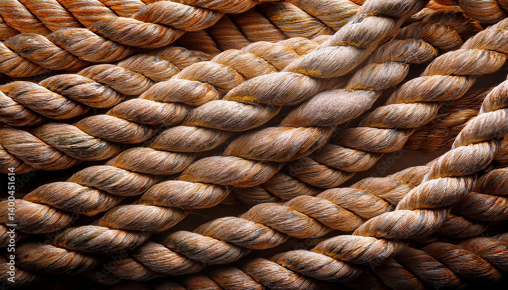 Poster close up of thick rope. brown cord texture. pattern of twisted fiber. string abstract design. detail