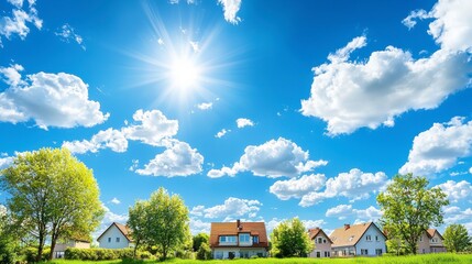 Sunny day over a peaceful neighborhood rural area nature photography bright sky wide angle tranquility