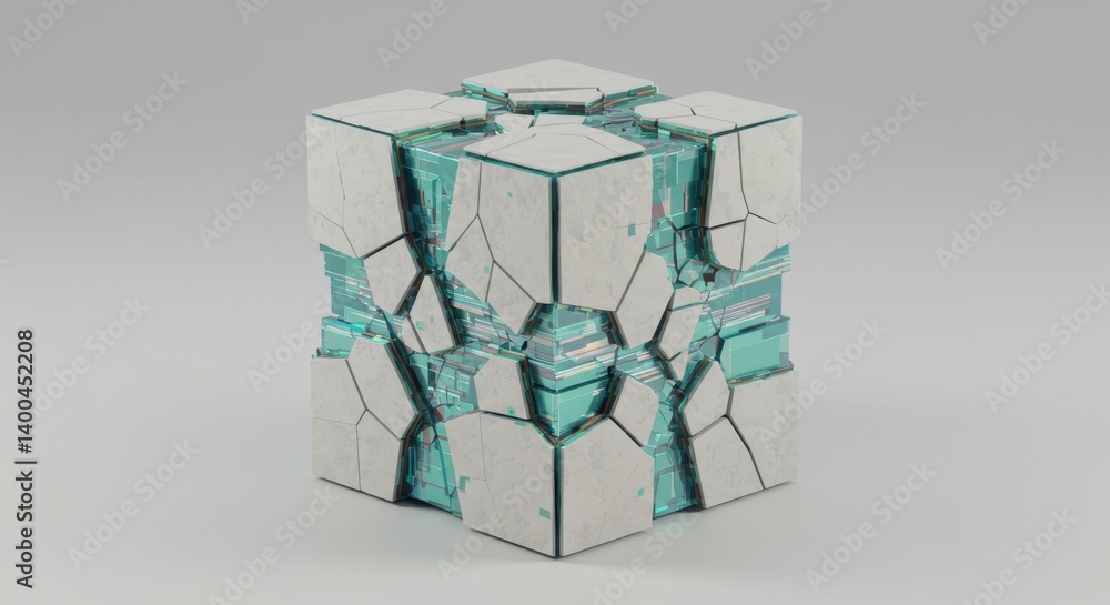 Poster abstract 3d render of a shattered cube revealing inner turquoise structure futuristic geometric desi