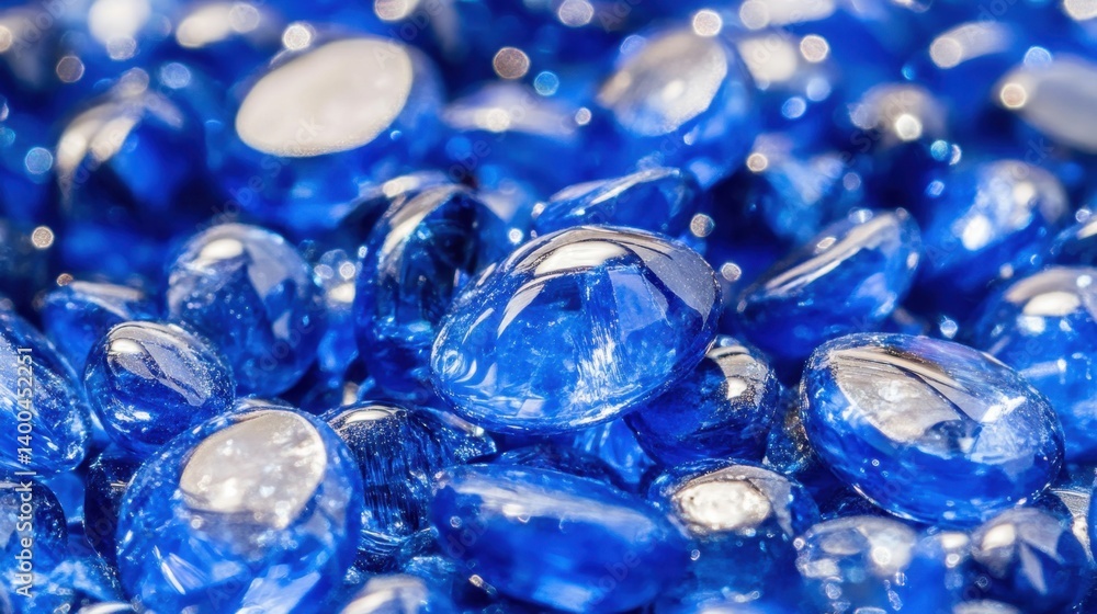 Poster captivating close up of deep blue glass gems sparkling with light and reflections in a mesmerizing a