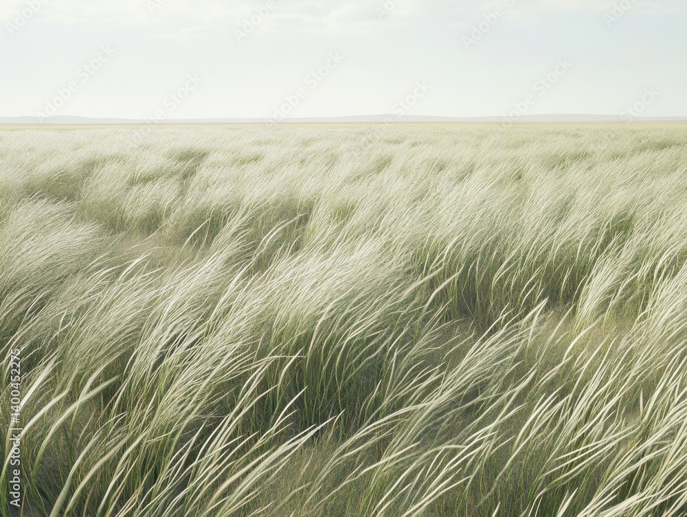 Poster serene expanse of wild grasses swaying gently in a vast field under a soft sky creating a peaceful a