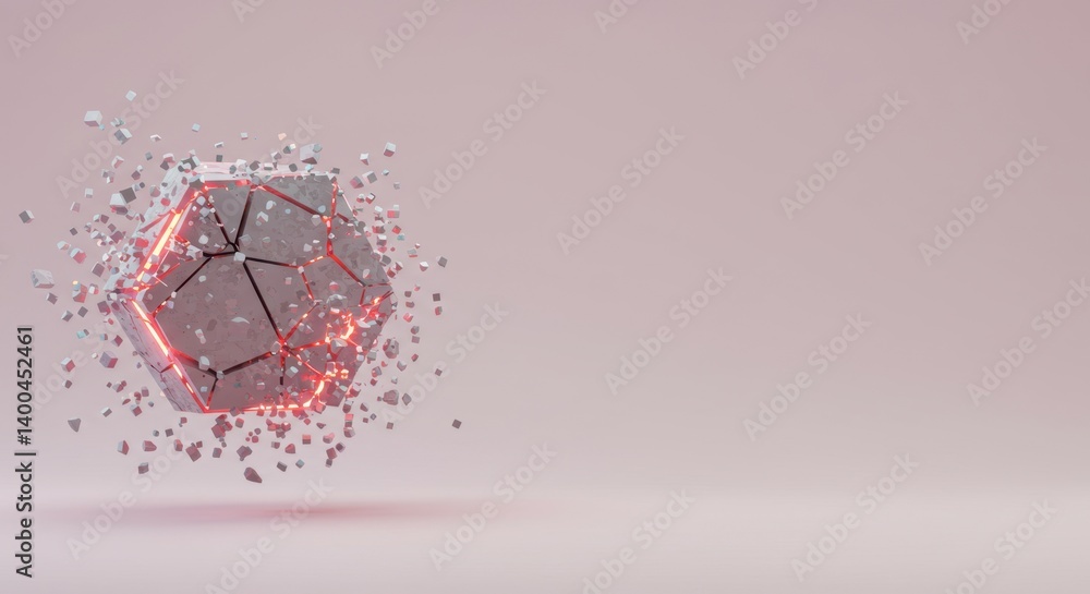 Poster abstract hexagon shattering into fragments: a 3d render of exploding geometric form with glowing ora