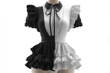 Anime Style Maid Dress in Black and White &ndash; Detailed 3D Render with Lace and Bows, Front View on Mannequin