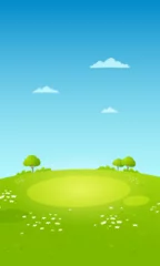 Fototapeten Cartoon landscape with green grassy hill, scattered trees, white flowers and blue sky with clouds representing summer nature scene and outdoor environment concept © Denys Koltovskyi