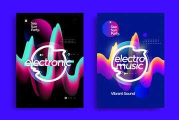 Colorful abstract posters with vibrant 3D waveforms electronic music party concept with futuristic and energetic visual style for nightlife and dance events