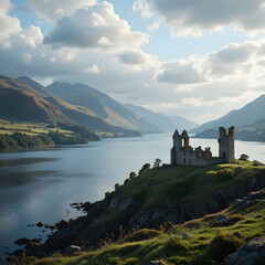 Castle Ruins Overlooking Lake Surrounded by Mountains Landscape