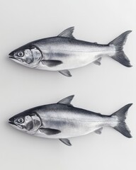 Fototapeta premium Two fresh silver bright salmon fishes presented on a clean bright white background in a studio setting with a high angle view showcasing the natural beauty