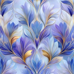 Floral design with intricate blue and gold patterns enhancing interior decor and textile applications