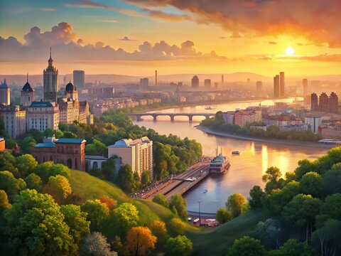 Kyiv Dneper River Scenic Panorama: High-Resolution Ukrainian Capital Cityscape