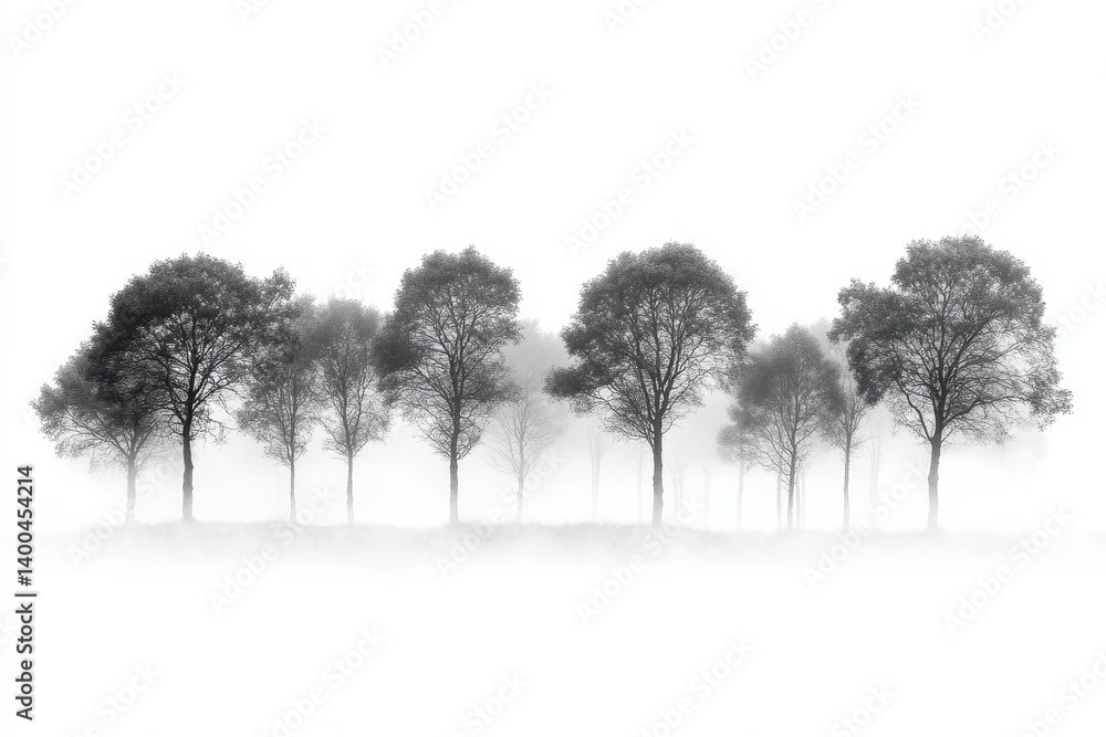Poster Fog envelops a serene cluster of trees in a quiet forest, creating a mystical atmosphere at dawn