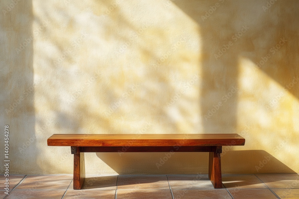 Poster rustic wooden bench against a textured yellow wall with tree shadows creating a serene and inviting 