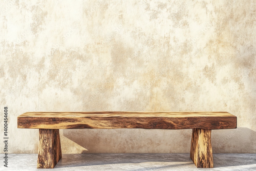 Poster rustic wooden bench against textured wall creating a minimalist interior design with natural light a