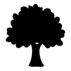 Monochromatic stylized silhouette of a broad leafy tree with thick trunk