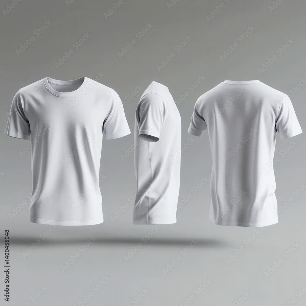 Poster three white t shirts floating against a gray background showcasing front side and back views for app