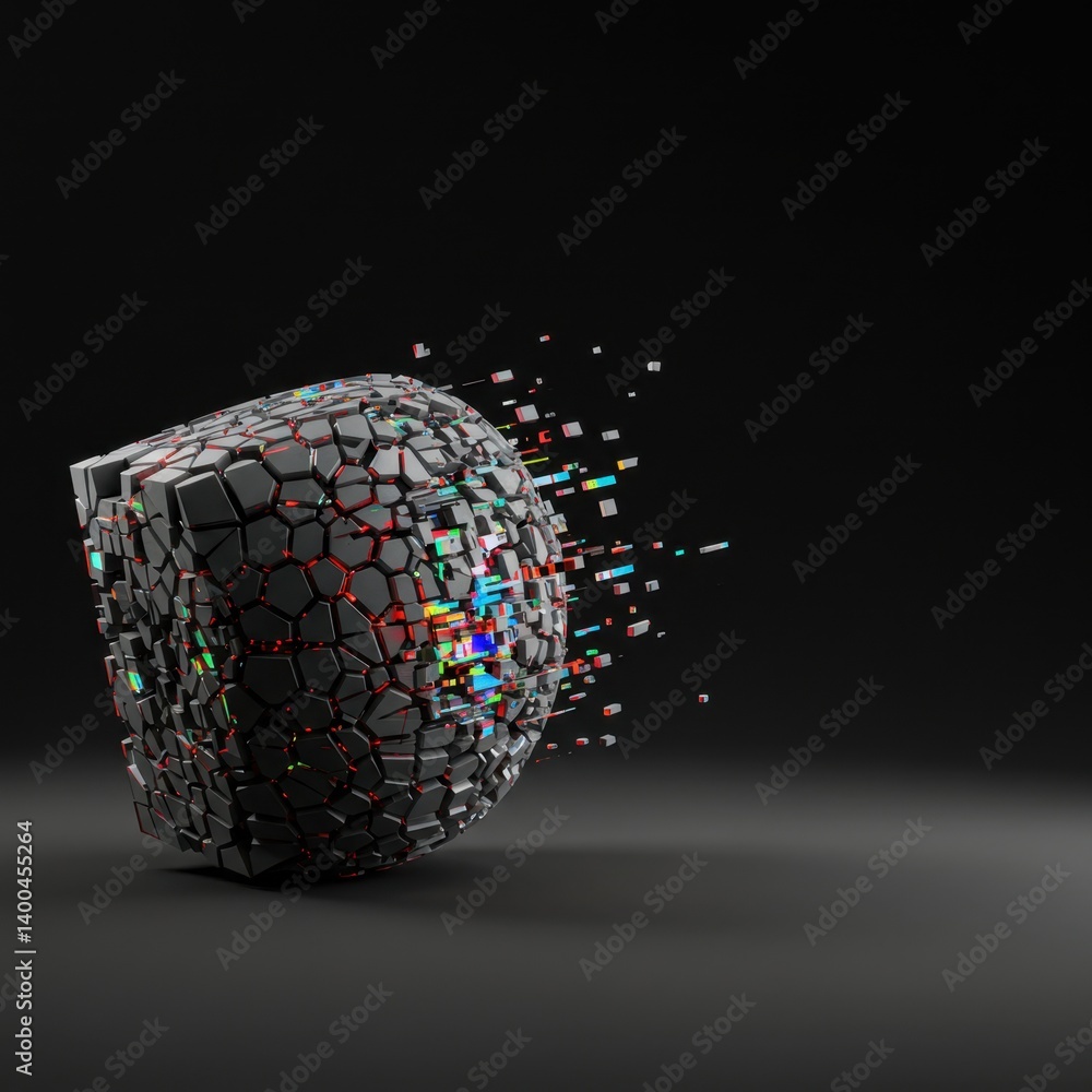 Poster abstract 3d render of a crumbling geometric sphere disintegrating into colorful fragments against a 