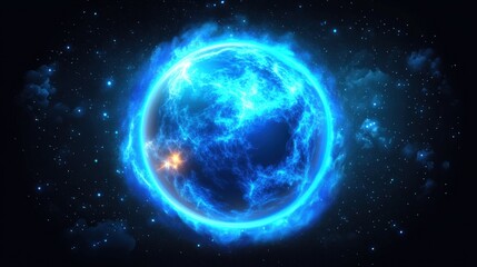 Obraz premium Captivating cosmic sphere of radiant blue energy amidst a field of twinkling stars in deep space nebula