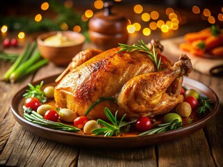 Juicy Roasted Chicken Dinner with Colorful Vegetables - Night Photography