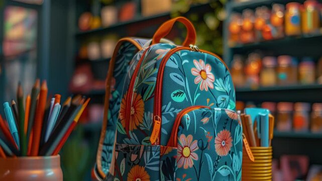 Backpack with different colorful stationery on stylish table. 4K Footage of Backpack with different colorful stationery on stylish table for banner, web design
