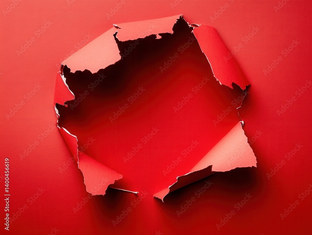Poster ripped vibrant red paper background showcasing a dramatic opening with textured surface and dynamic 