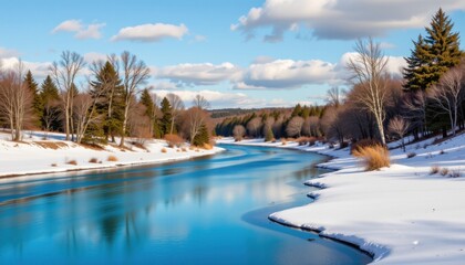 Fototapeta premium An artistic interpretation of a frozen river in a snowy landscape, reflecting the vibrant blue hues of the sky and the dense trees lining the banks.