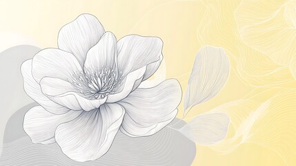 Elegant monochrome floral illustration featuring a detailed flower with delicate leaves on a soft pastel yellow background