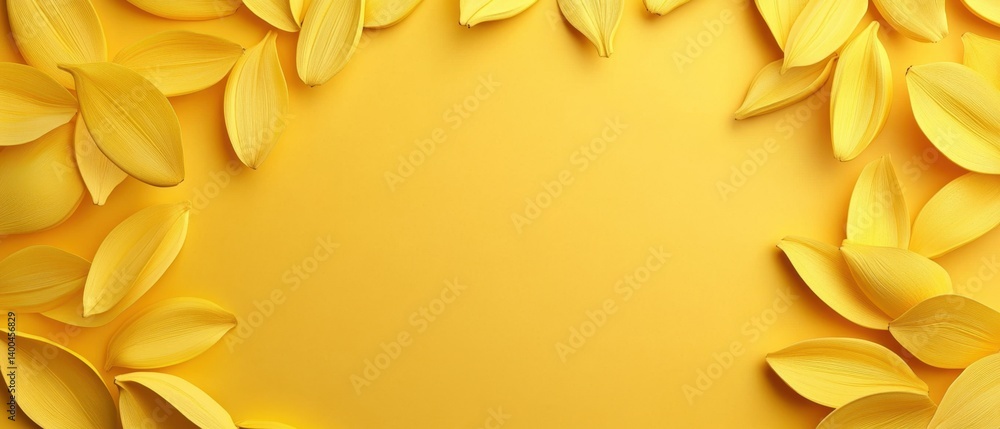 Poster sunny yellow background with delicate flower petals creating a frame for content in a flat lay style