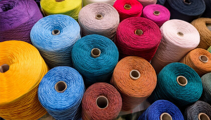 brightly colored yarn rolls in vibrant display colorful yarn cones textile industry craft supplies vibrant hues creative potential a symbol of artistry resourcefulness and colorful expressio