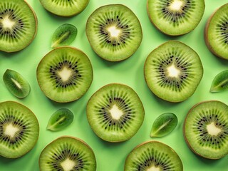 Fototapeta premium Juicy Green Kiwi Fruit Pattern Background - Flat Lay Trendy Food Photography